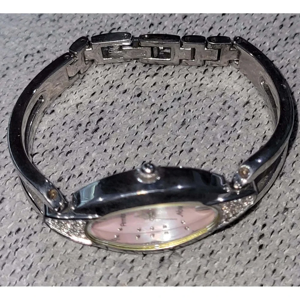 Armitron Now Silver Tone Bangle Watch Pink‎ Face Rhinestone Accent Womens
